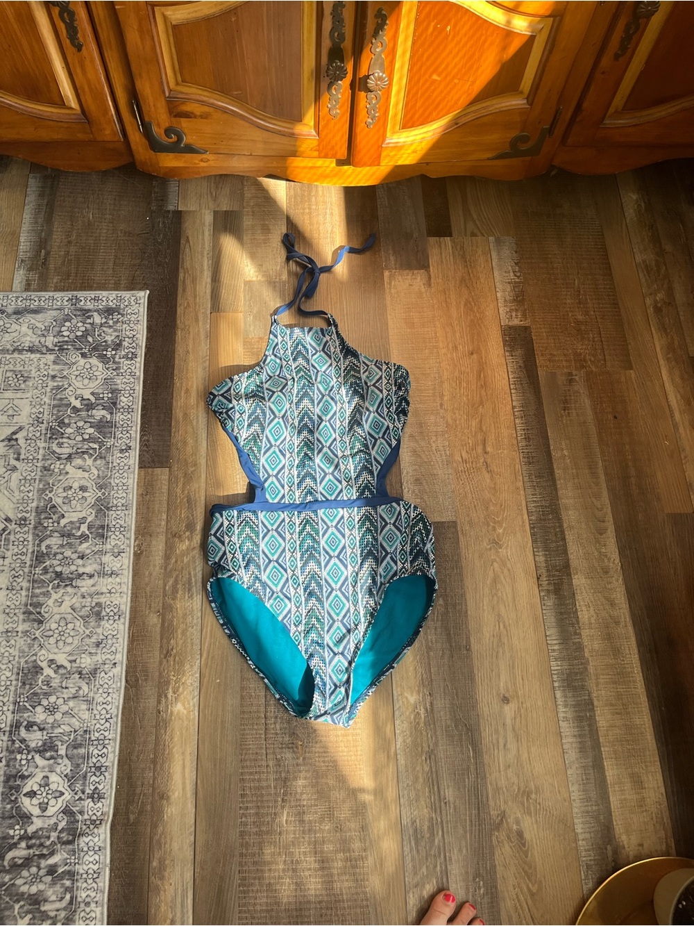 Time and Tru Teal and Navy Geo Halter One-Piece Swimsuit